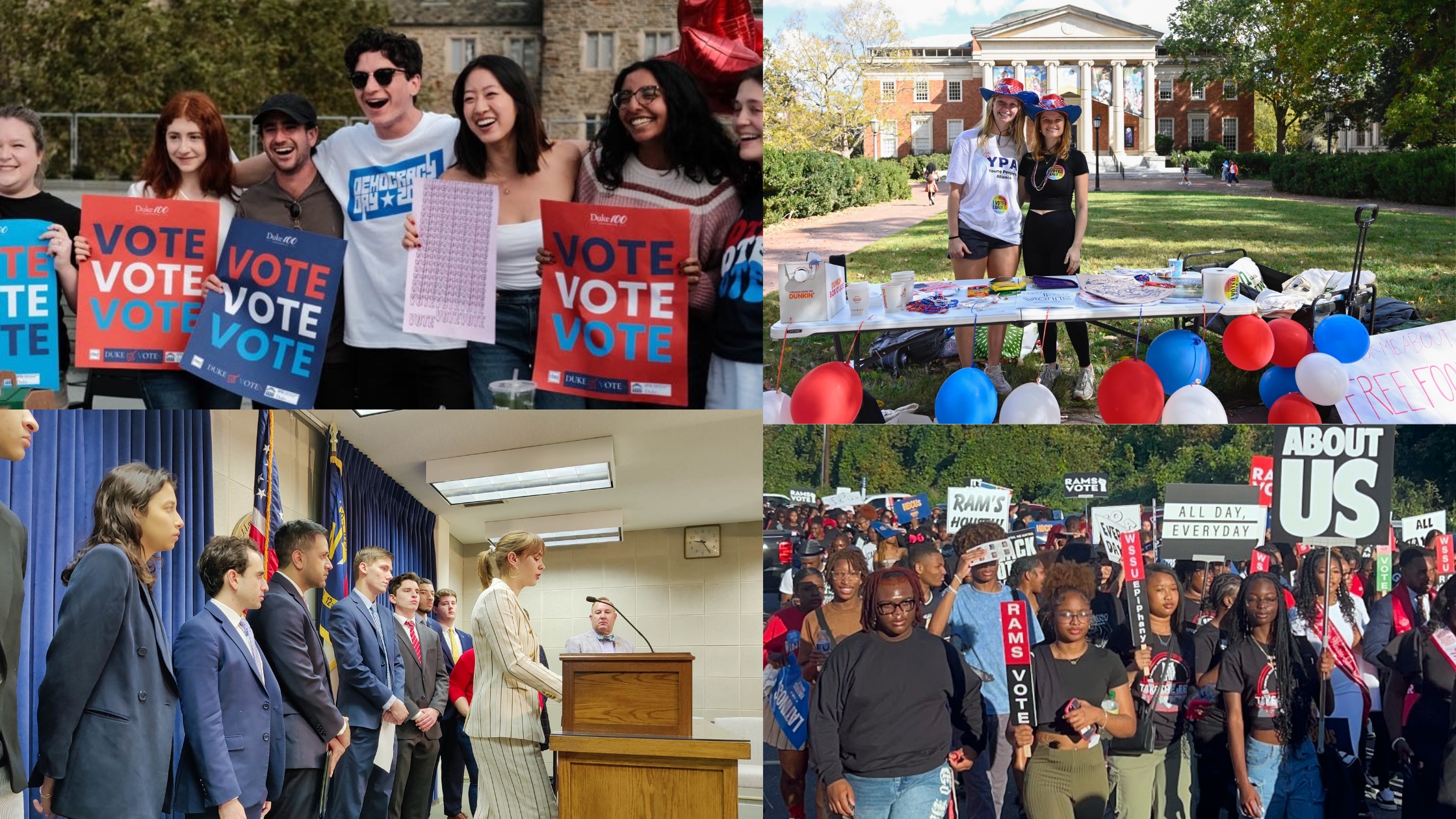 Young People's Alliance Gen-Z activists organizing, voting, speaking at podiums, and engaging in civic activism on college campuses